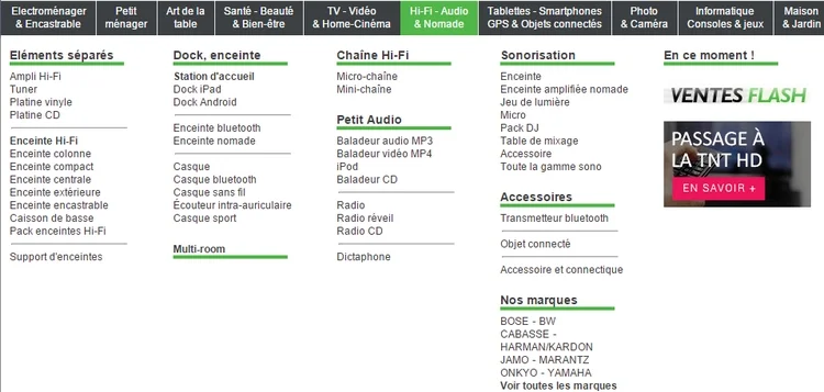 menu de boutique en ligne