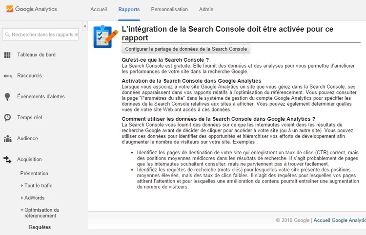 liaison compte google search console et analytics