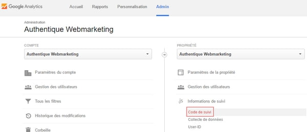 Installer code de suivi Google Analytics